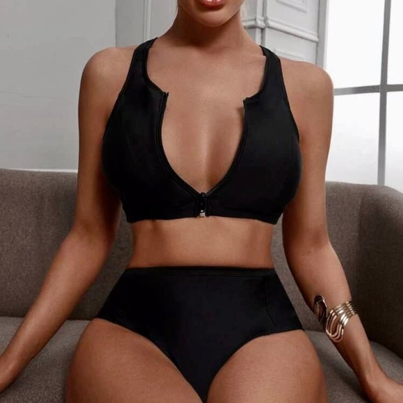 Other - Zipper Front Racerback High Waisted Bikini